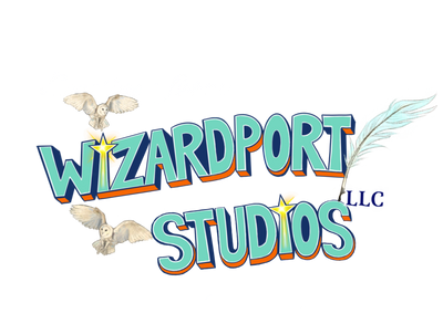 Logo of Wizardport Studios LLC with colorful text and decorative elements on a transparent background